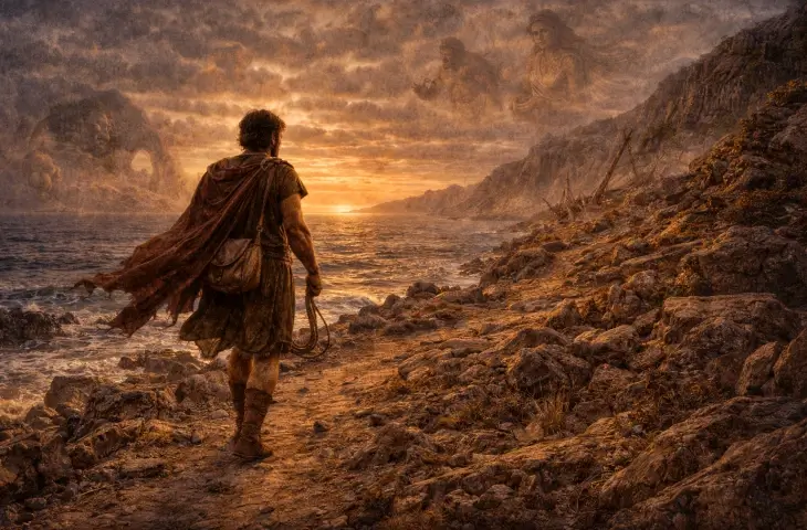 Troya’dan sonra deniz kıyısında ilerleyen Odysseus’u betimleyen mitolojik sahne; kayalık yol, gün batımı ve gökyüzünde tanrıların silüetleri uzun dönüş yolculuğunu simgeliyor.